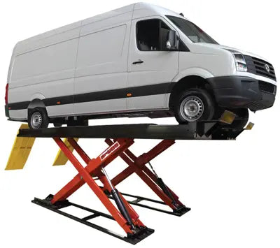 Coats 4TS16OSAR1 Alignment Scissor Lift elevating a white van, 16,000 lb capacity, hydraulic drive