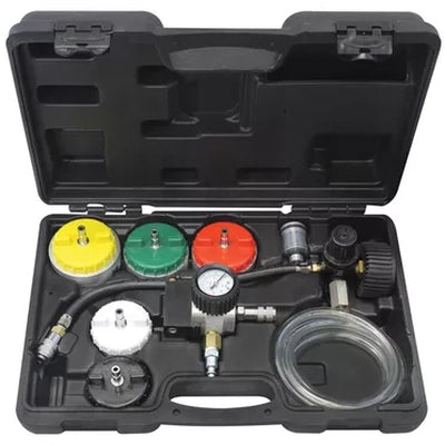Mastercool 3307 Engine Cooling System Pressure Tester Kit with colored adapters, pressure gauge, hoses, and fittings in a black carrying case