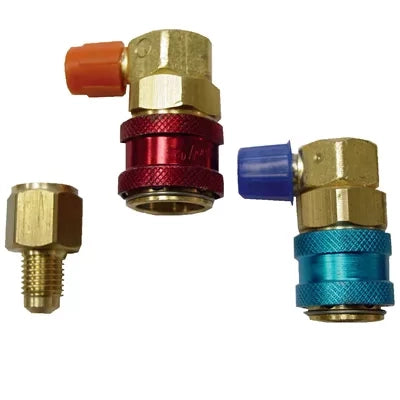 Mastercool 3525 A/C Charging Adapter Kit with red and teal quick-connect couplers and brass adapter fitting