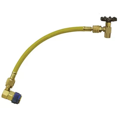 Mastercool 3659 A/C Charging Adapter Kit with yellow hose, brass fittings, blue quick-connect, and hand valve