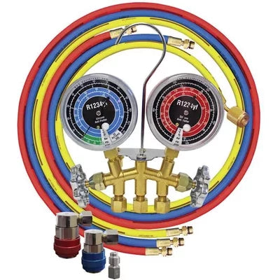 Mastercool 3661 A/C Manifold Gauge Set with dual R1234yf and R1222yf gauges, red, blue, and yellow hoses, brass manifold block, and quick-connect fittings