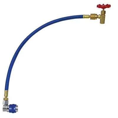 Mastercool 3664 A/C Charging Adapter Kit with blue hose, brass fittings, red T-handle valve, and quick-connect coupler