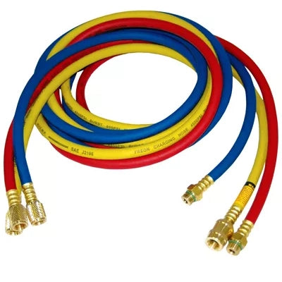 Mastercool 3679 A/C Charging Hose Set - Red, Yellow, and Blue hoses with brass fittings, SAE J2196 rated
