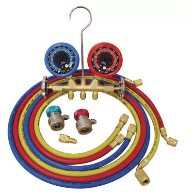 Mastercool 3694 A/C System Manifold Gauge Set with dual gauges, brass manifold, color-coded hoses, and quick connect couplers