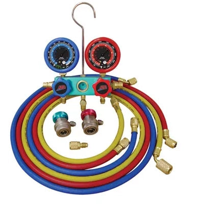 Mastercool ATD-3695 A/C Manifold Gauge Set with dual pressure gauges and color-coded red, blue, and yellow hoses