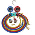 Mastercool ATD-3695 A/C Manifold Gauge Set with dual pressure gauges and color-coded red, blue, and yellow hoses