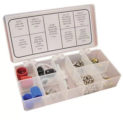 Mastercool 3880 A/C Service Valve Core Kit with assorted valve cores, caps, and universal core remover in clear plastic organizer