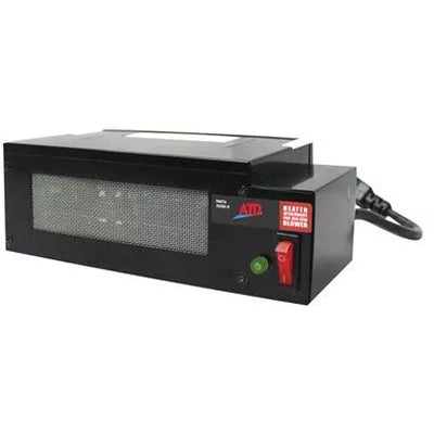 Mastercool 40302 Air Heater Attachment for 300 CFM Blower - black enclosure with mesh front grill, green indicator light, red power switch, and attached power cord