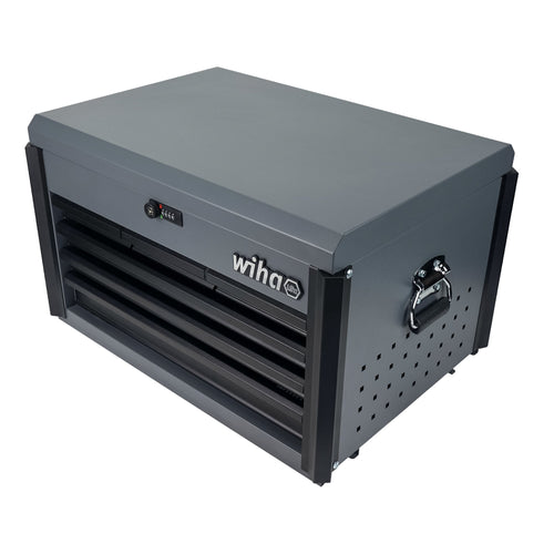 Wiha Tools 91882 147 Piece Benchtop Tool Chest Kit in Gray with six drawers, digital combination lock, and side soft-grip handle