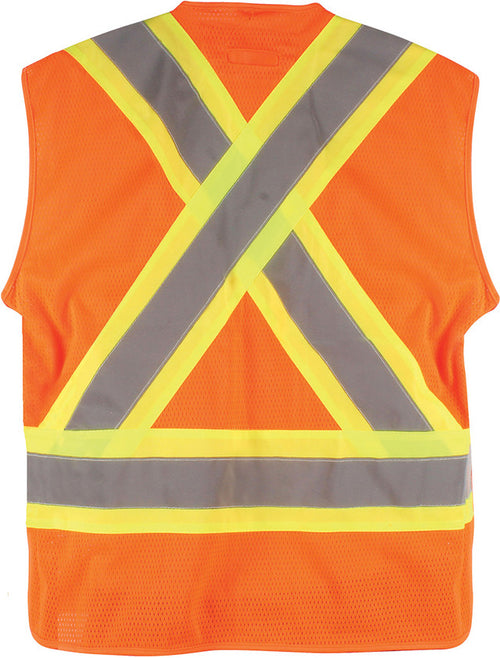 PIP Dynamic TSV2OG18SM CSA Appr. Polyester Traffic Vest, Hi-Vis Orange, 4" Wide 360° Hrz. Stripes, 2 Vrt. Stripes, X in Back – S/M - MPR Tools & Equipment