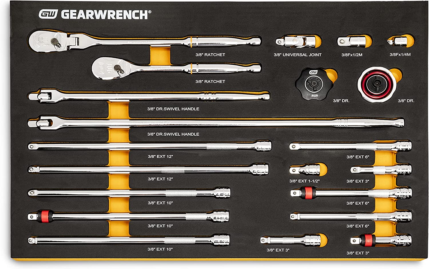 GearWrench 86521 21pc 3/8" 90-Tooth Ratchet & Drive Tool Set with EVA Foam Tray - MPR Tools & Equipment