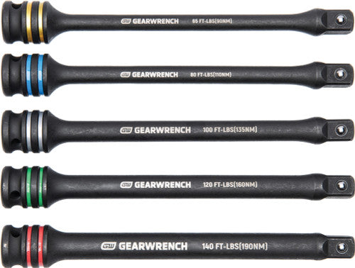 GearWrench 89650 Jeu de 5 barres d'extension d'impact à limitation de couple de 8 pouces de long, entraînement 1/2", 65, 80, 100, 120, 140 pi-lb