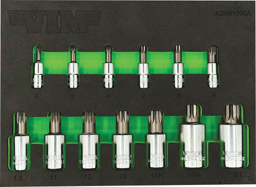 VIM Tools XZNS1000A 13-pc 1/4", 3/8", 1/2" Dr. Xzn Triple Square Bit Socket Set, Xzn 4-13 & Tamperproof Xzn 14, 16, 18