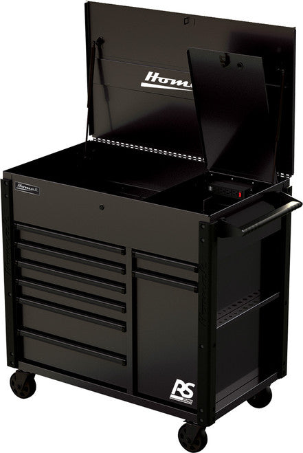 Homak BK06044080 44" RS PRO 8-DRAWER POWER SERVICE CART W/SECURITY BOX IN TOP TILL & POWER BAR - BLACK
