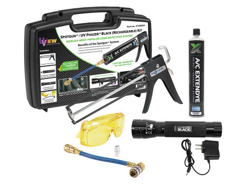UView 414565A Spotgun/ UV Phazer BLACK (Rechargeable) Kit: Injection system, Cordless and rechargeable UV light, A/C ExtenDye cartridge (services up to 64 vehicles), R-12 & R-134a adapters, UV enhancing glasses, and storage case.