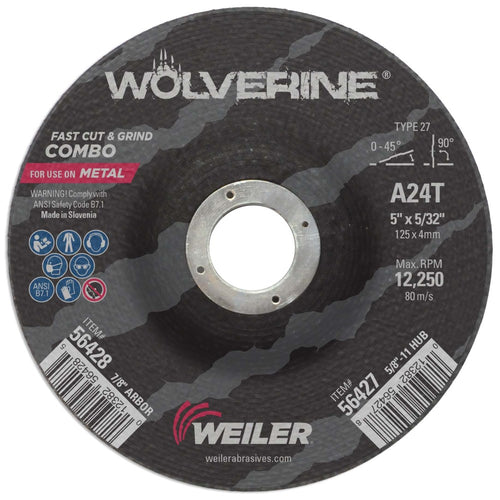 Weiler 56428 5" x 1/8" Wolverine Type 27 Cut/Grind Combo Wheel, A24T, 7/8" AH - MPR Tools & Equipment