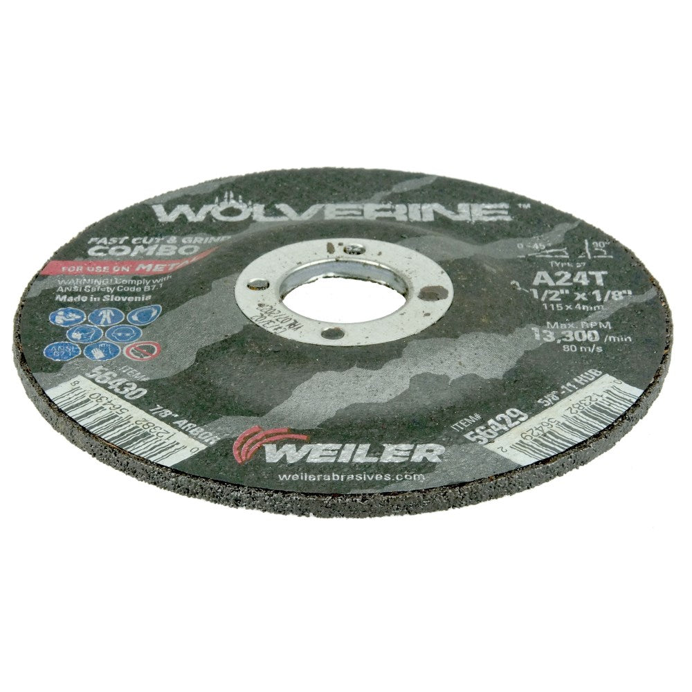 Weiler 56430 4-1/2" x 1/8" Wolverine Type 27 Cut/Grind Combo Wheel, A24T, 7/8" AH - MPR Tools & Equipment