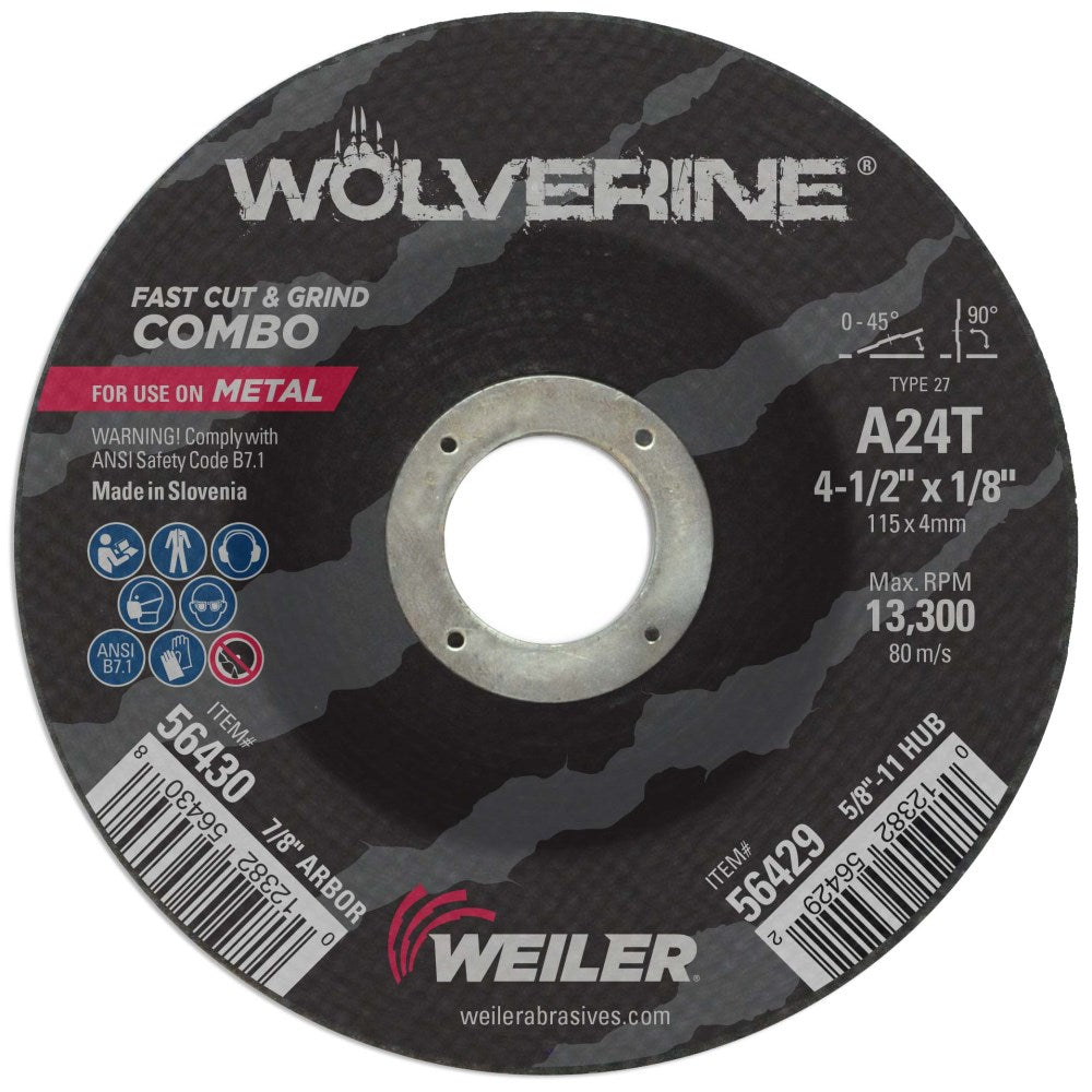 Weiler 56430 4-1/2" x 1/8" Wolverine Type 27 Cut/Grind Combo Wheel, A24T, 7/8" AH - MPR Tools & Equipment