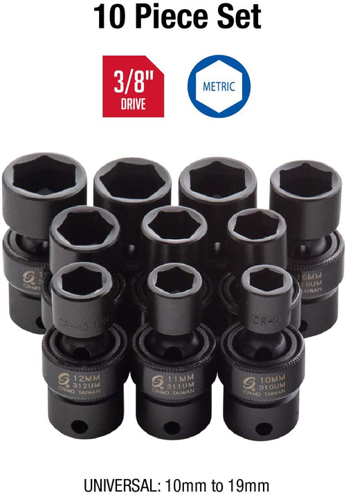 Sunex 3657, 3/8 Inch Drive Universal Impact Socket Set, 10-Piece, Metric, 10mm - 19mm, Cr-Mo Alloy Steel, Radius Corner Design, Dual Size Markings, Heavy Duty Storage Case, Meets ANSI Standar