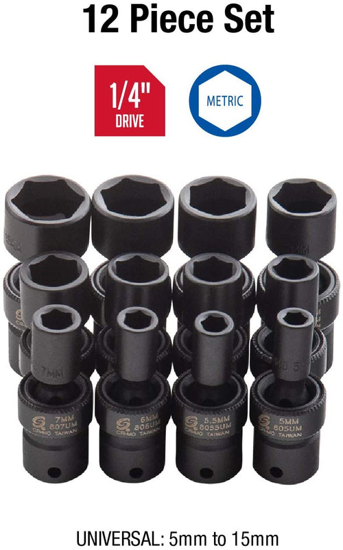 Sunex 1814, 1/4 Inch Drive Universal Impact Socket Set, 12-Piece, Metric, 5mm - 15mm, Cr-Mo Steel, Radius Corner Design, Chamfered Opening, Dual Size Markings, Heavy Duty Storage Case - MPR T