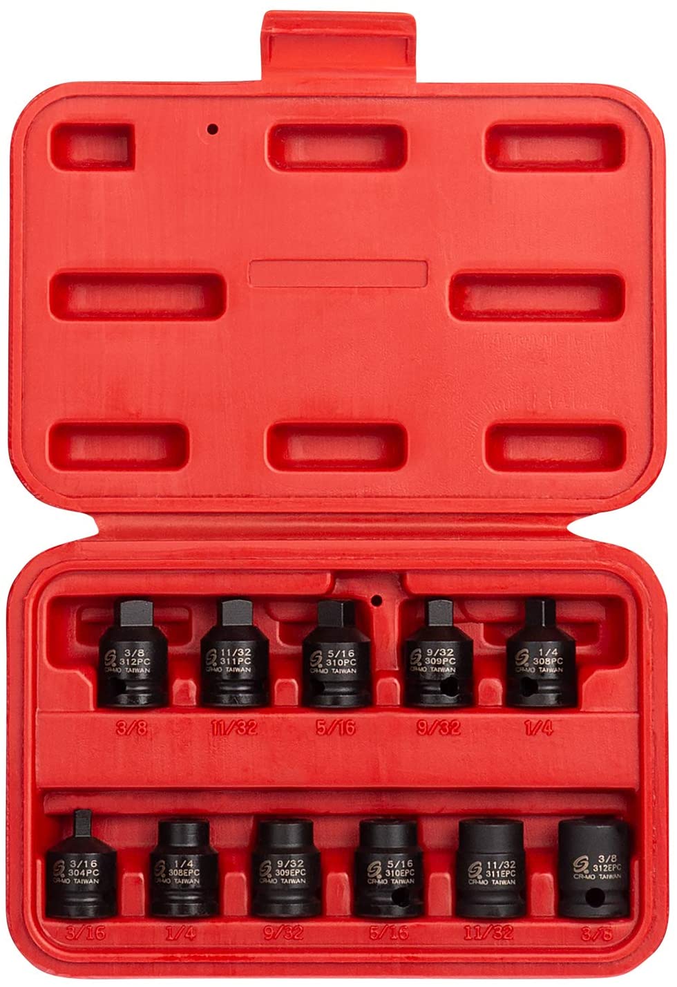 Sunex 3841, 3/8 Inch Drive Pipe Plug Socket Set, 11-Piece, SAE, 7/16" - 5/8", Cr-Mo Steel, Tapered Male Square Drive, Chamfered Female Square Drive, Heavy Duty Storage - MPR Tools & Equipment