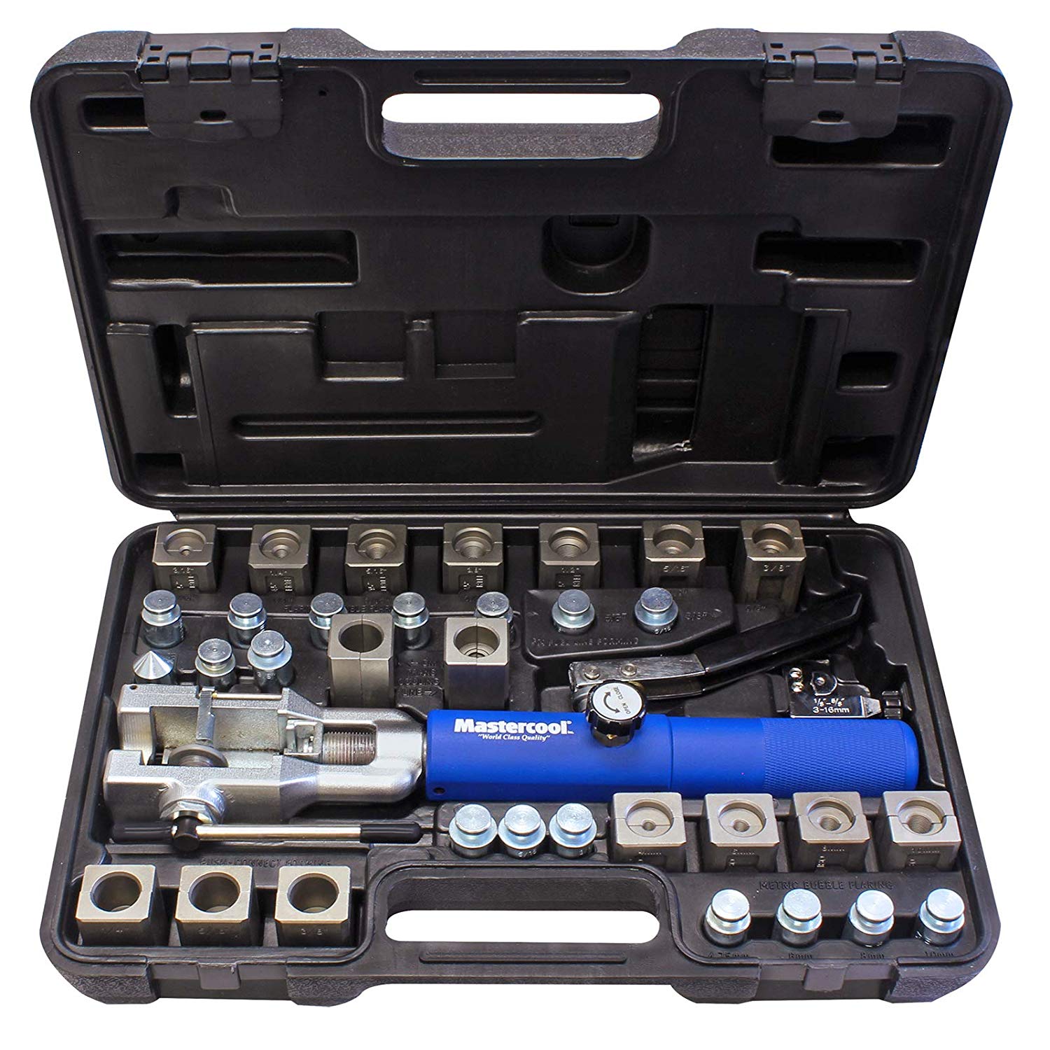 MASTERCOOL 72485-PRC Silver/Blue Universal Hydraulic Flaring Tool (3/8"&1/2" Transmission Cooling Line Die/Adapter Sets Plus Tube Cutter) - MPR Tools & Equipment