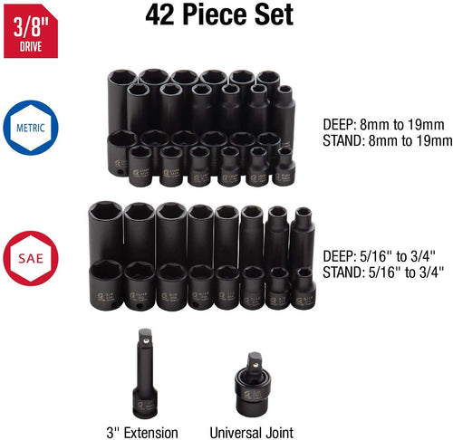 Sunex 3342, 3/8 Inch Drive Master Impact Socket Set, 42-Piece, SAE/Metric, 5/16 Inch - 3/4 Inch, 8mm - 19mm, Standard/Deep, Cr-Mo Alloy Steel, Radius Corner Design, Chamfered Opening, Dual Si