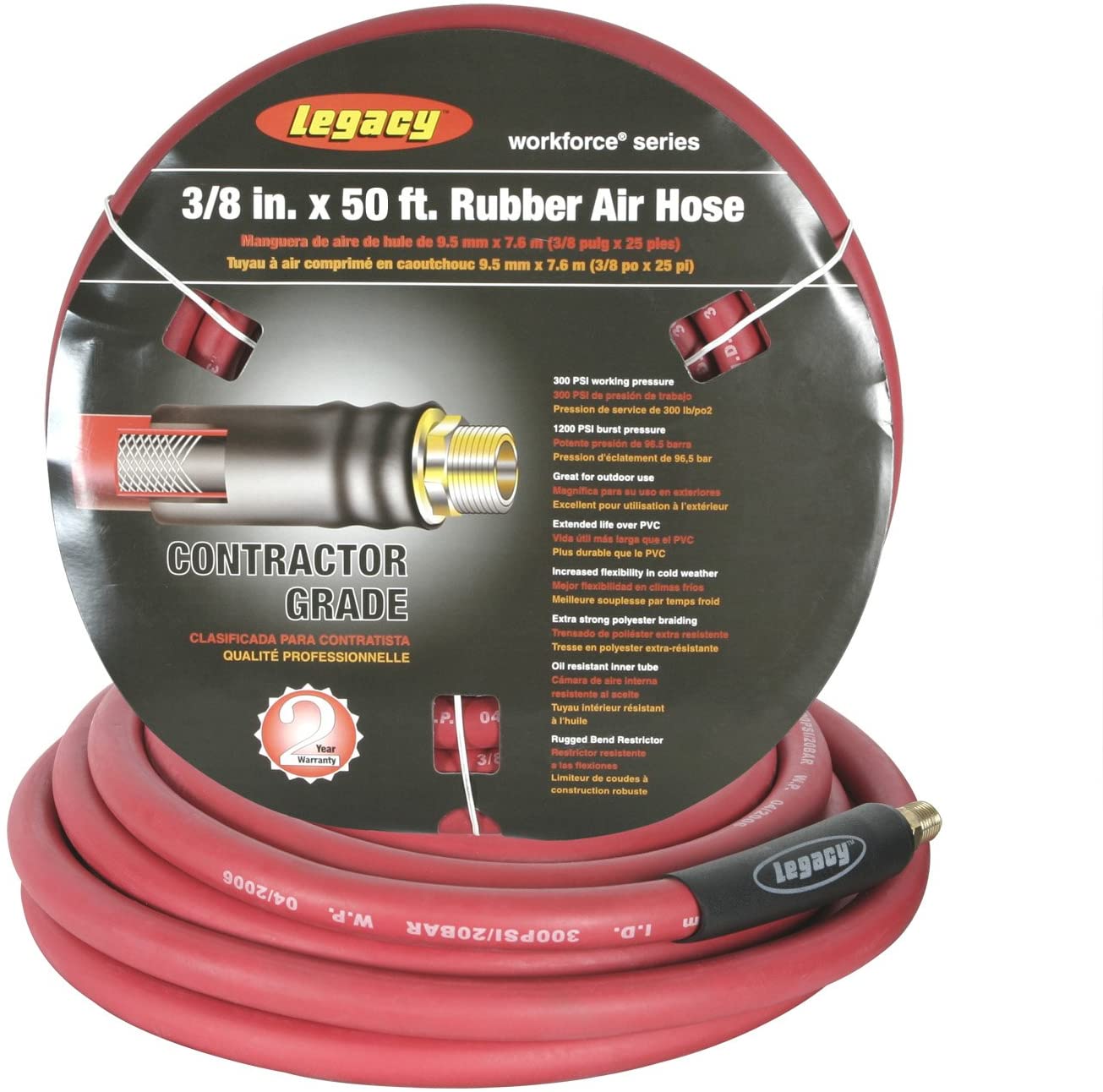 Workforce Air Hose. 3/8 in. x 50 ft. 1/4 Fittings. Rubber. Red - HRE3850RD2 - MPR Tools & Equipment