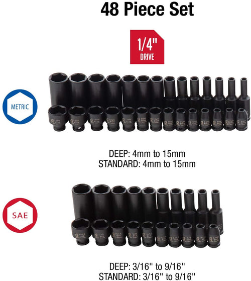 Sunex 1848, 1/4 Inch Drive Master Impact Socket Set, 48-Piece, SAE/Metric, 3/16 Inch - 9/16 Inch, 4mm - 15mm, Standard/Deep, Cr-Mo Alloy Steel, Radius Corner Design, Heavy Duty Storage Case -