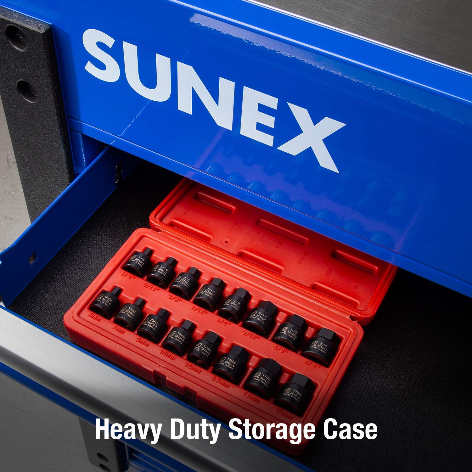 Sunex 3646. 3/8 Inch Drive Low Profile Impact Hex Driver Set. 16-Piece. SAE/Metric. 1/4 Inch - 3/4 Inch. 6mm - 19mm. Cr-Mo Steel. Dual Size Markings. Heavy Duty Storage Case. Meets ANSI Stand