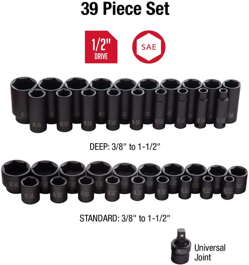 Sunex 2668, 1/2 Inch Drive Master Impact Socket Set, 39-Piece, SAE, 3/8" - 1-1/2", Standard/Deep, Cr-Mo Steel, Heavy Duty Storage Case, Includes Universal Joint - MPR Tools & Equipment