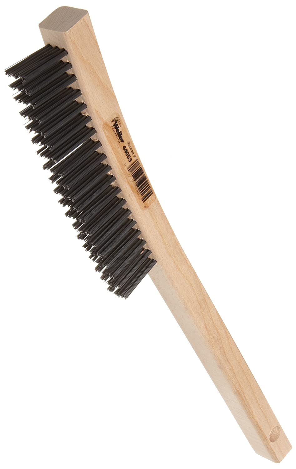 Weiler 0.012" Wire Size. 5-1/2" Brush Length. 14" X 7/8" Block Size. 3 X 19 No. Of Rows. Steel Bristles. Hardwood Block. Curved Handle Scratch Brush - MPR Tools & Equipment