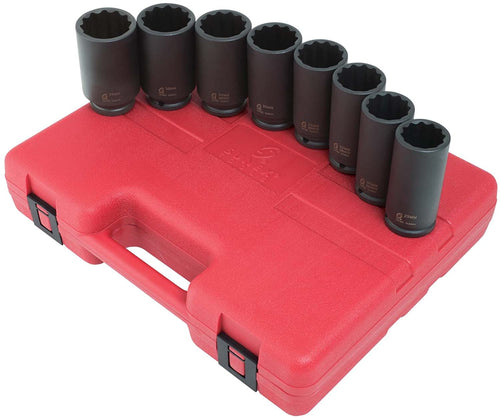 Sunex 2835 1/2-Inch Drive Deep Spindle Nut Impact Socket Set, Metric, Standard, 12-Point, Cr-Mo, 29mm - 39mm, 8-Piece - MPR Tools & Equipment
