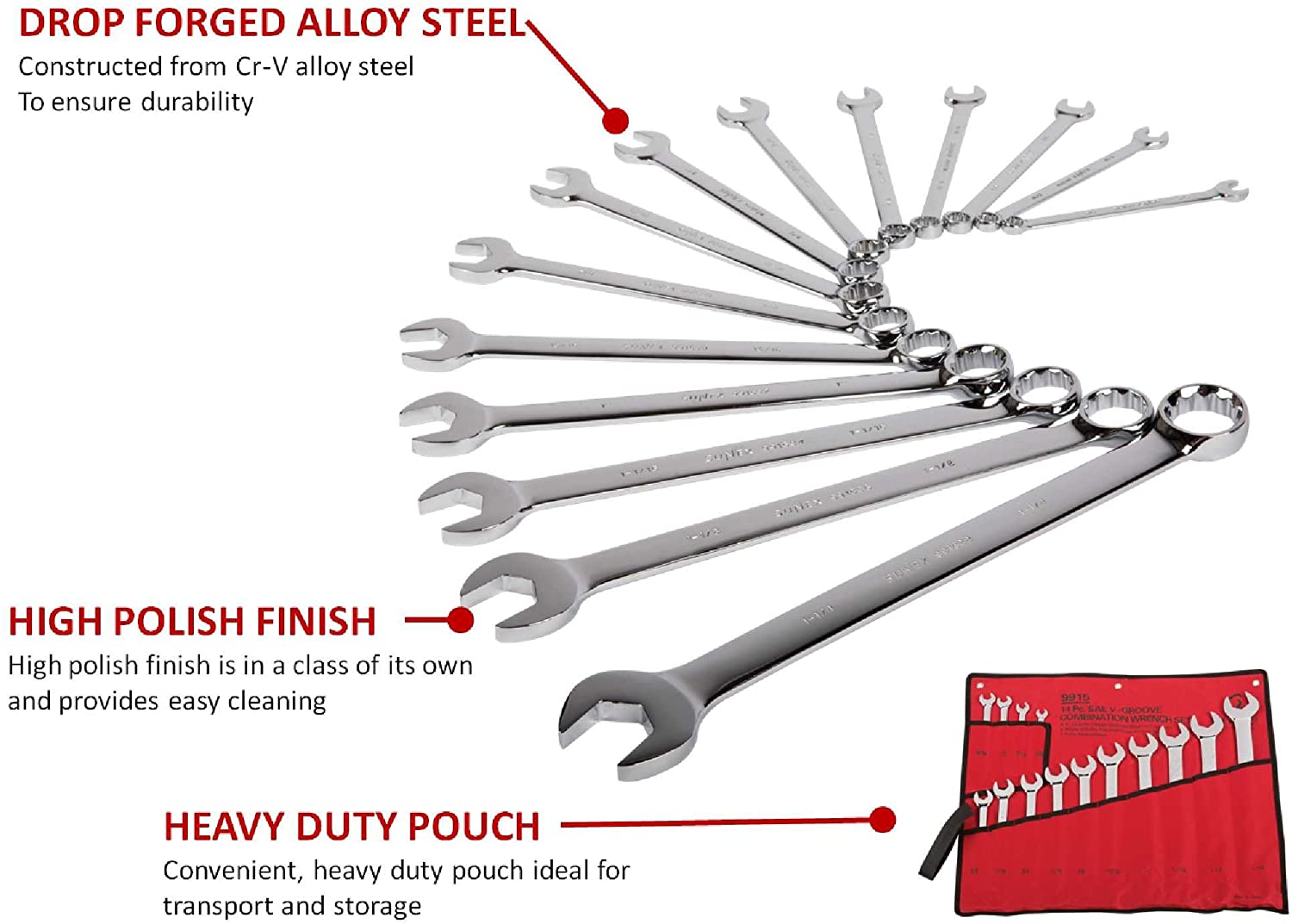 Sunex 9915A V-Groove Fractional Full Polish Combination Wrench Set, 3/8-Inch - 1-1/4-Inch, Fully Polished, 14-Piece (Includes Roll-Case) - MPR Tools & Equipment