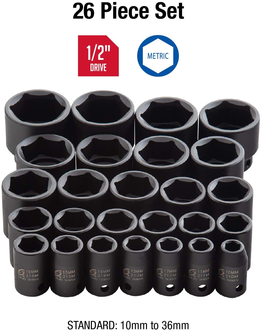 Sunex 2645, 1/2 Inch Drive Impact Socket Set, 26-Piece, Metric, 10mm-36mm, Cr-Mo Alloy Steel, Radius Corner Design, Heavy Duty Storage Case - MPR Tools & Equipment