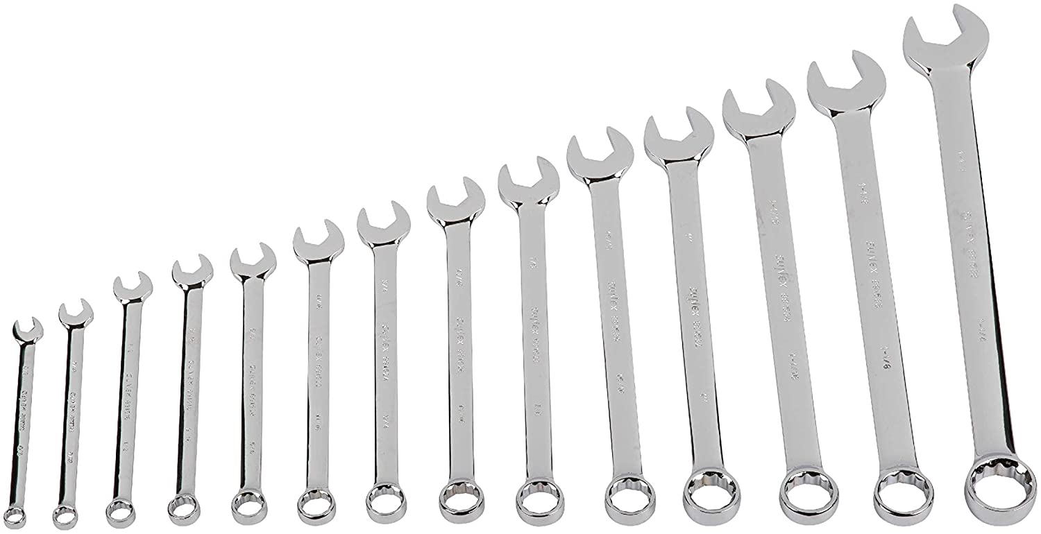 Sunex 9915A V-Groove Fractional Full Polish Combination Wrench Set, 3/8-Inch - 1-1/4-Inch, Fully Polished, 14-Piece (Includes Roll-Case) - MPR Tools & Equipment