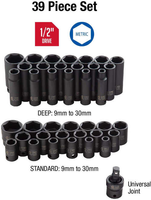 Sunex 2669, 1/2 Inch Drive Master Impact Socket Set, 39-Piece, 9mm-30mm, Standard/Deep, Cr-Mo Steel, Radius Corner Design, Dual Size Markings, Heavy Duty Storage Case - MPR Tools & Equipment