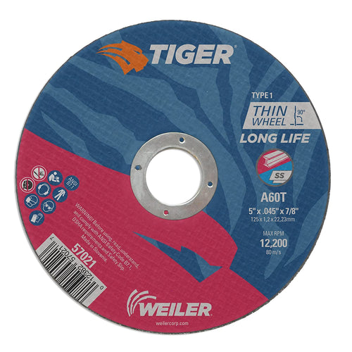 Weiler 57021 5" x 0.045" Tiger Type 1 Thin Cutting Wheel. A60T. 7/8" A.H. (Pack of 25) - MPR Tools & Equipment