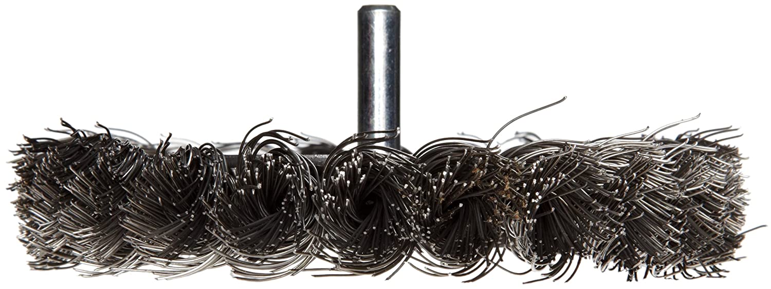 Weiler 17682 0.020" Wire Size. 3-1/4" Diameter. 3/8" Face Width. Steel Bristles. Stem Mounted Standard Twist Knot Wire Wheel Brush - MPR Tools & Equipment