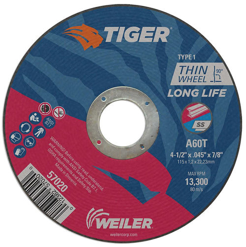 Weiler 57020 4-1/2" x 0.045" Tiger Type 1 Thin Cutting Wheel. A60T. 7/8" A.H. (Pack of 25) - MPR Tools & Equipment