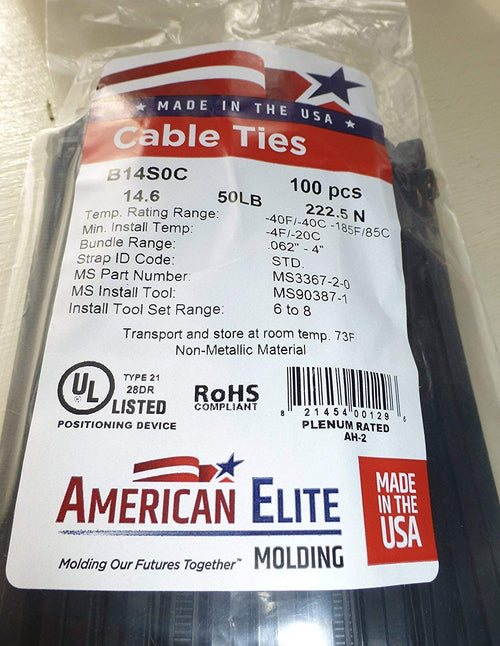 American Elite Molding B14S0C 14" UV BLACK NYLON WIRE CABLE ZIP TIES TIE WRAP USA Qty 100 - MPR Tools & Equipment