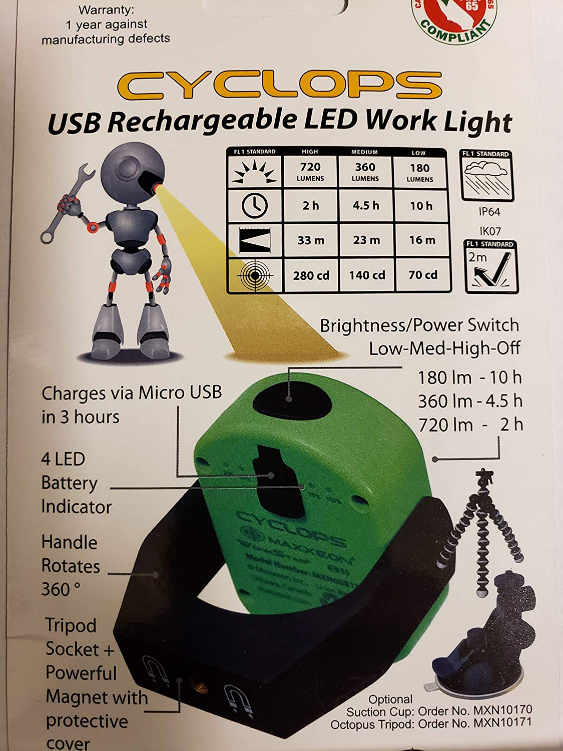 Maxxeon MXN00811. Hivis Green. 720 Lumens. USB Rechargeable LED Cyclop –  MPR Tools  Equipment