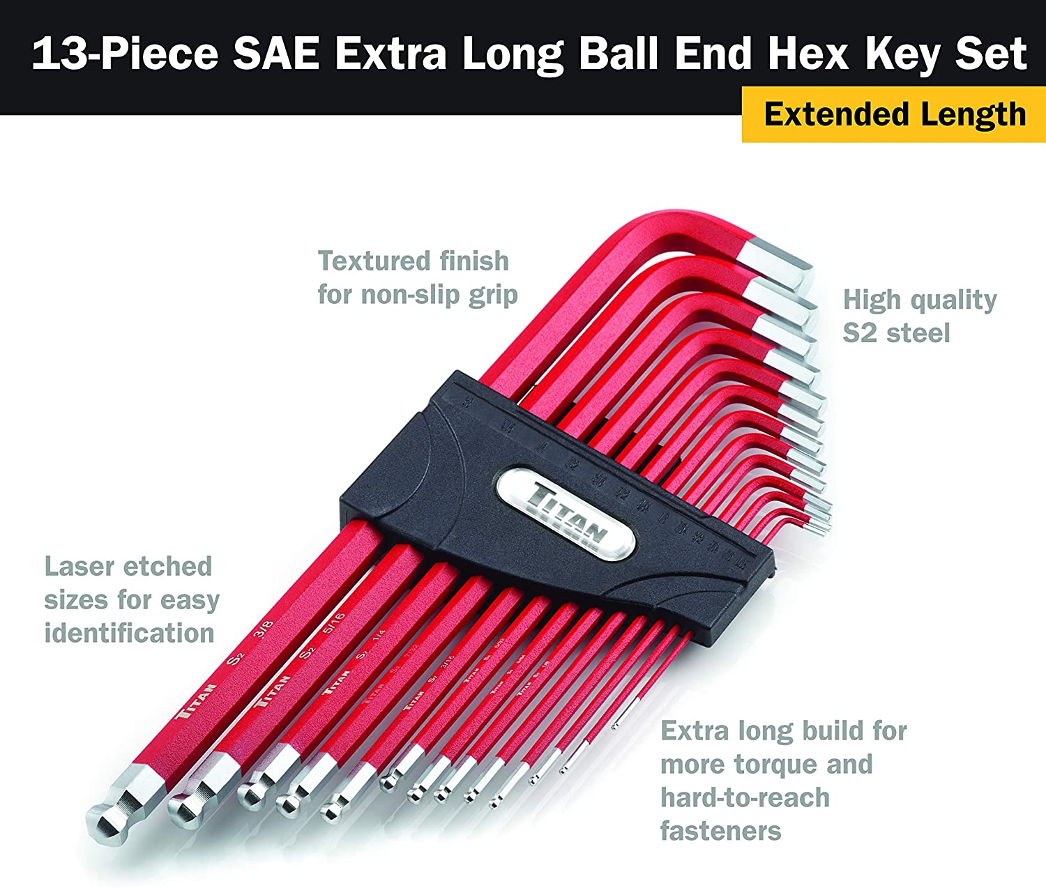 Titan 12713 13-Piece SAE Extra Long Ball End Hex Key Set - MPR Tools & Equipment