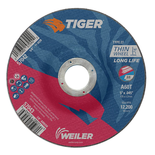 Weiler 57043 5" x 0.045" Tiger Type 27 Thin Cutting Wheel. A60T. 7/8" A.H. (Pack of 25) - MPR Tools & Equipment