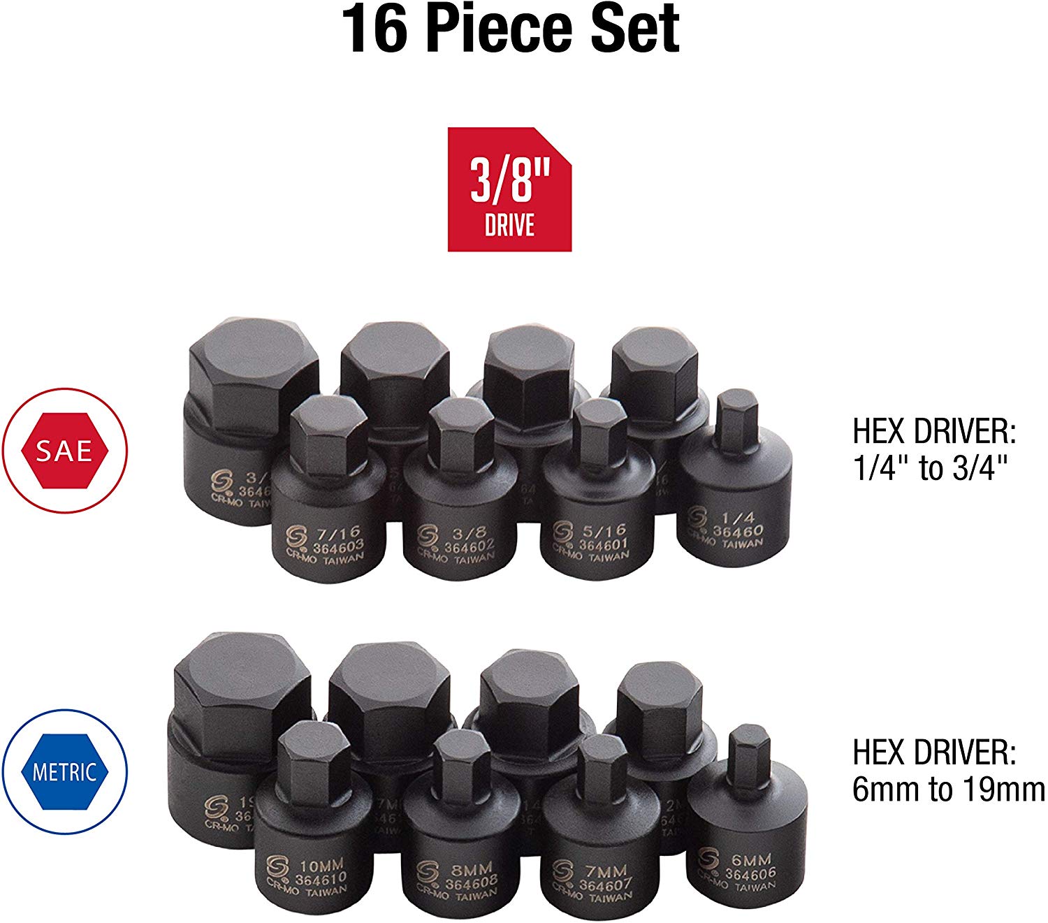 Sunex 3646. 3/8 Inch Drive Low Profile Impact Hex Driver Set. 16-Piece. SAE/Metric. 1/4 Inch - 3/4 Inch. 6mm - 19mm. Cr-Mo Steel. Dual Size Markings. Heavy Duty Storage Case. Meets ANSI Stand