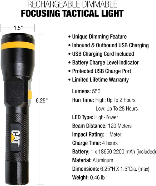 Cat Lights CT2505 Work Lights Very Bright Flashlight with 550 lm Dimmable Beam & Rechargeable Battery Built In a Metal Frame For Tactical. Home. Outdoor Use - MPR Tools & Equipment