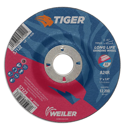 Weiler 57123 5" x 1/4" Tiger Type 27 Grinding Wheel. A24R. 7/8" A.H. (Pack of 10) - MPR Tools & Equipment