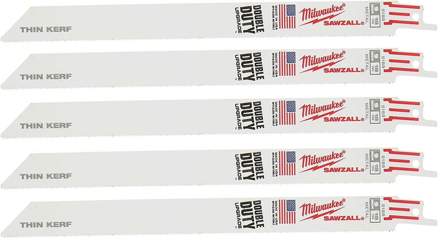 Milwaukee 48-00-5188 9" x 18TPI Sawzall Blade for Metal Cutting 3/4 Height 5 Blades per Pack - MPR Tools & Equipment