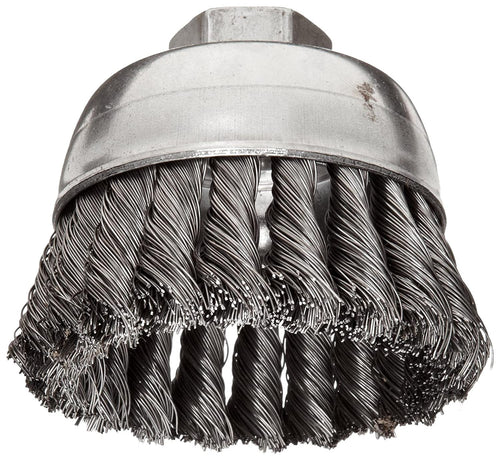Weiler 13025 Wire Cup Brush. Threaded Hole. Steel. Partial Twist Knotted. Single Row. 2-3/4" Diameter. 0.014" Wire Diameter. 5/8"-11 Arbor. 1" Bristle Length. 14000 rpm - MPR Tools & Equipmen