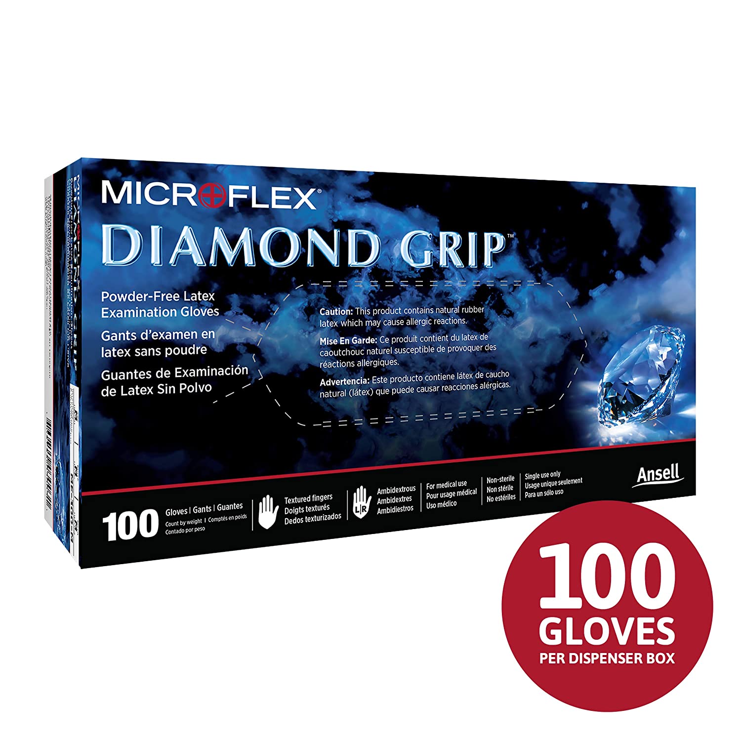 Microflex Diamond Grip MF-300 Disposable Gloves in Latex Multi-Purpose, Powder Free Glove in Natural Rubber for Exam, Cleaning or Mechanic Tasks, White, Size Medium, Box of 100 Units - MPR To